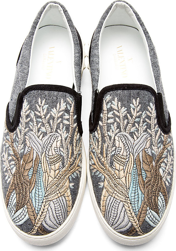 Valentino Zodiac Shoes – Gray Embroidered Valentino Slip Ons...